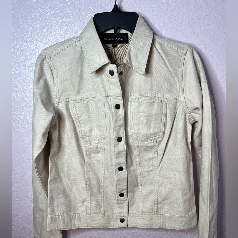 Colleen Lopez Reversible Beige Tan Denim Palm leaf Jacket with Snaps Size XS New